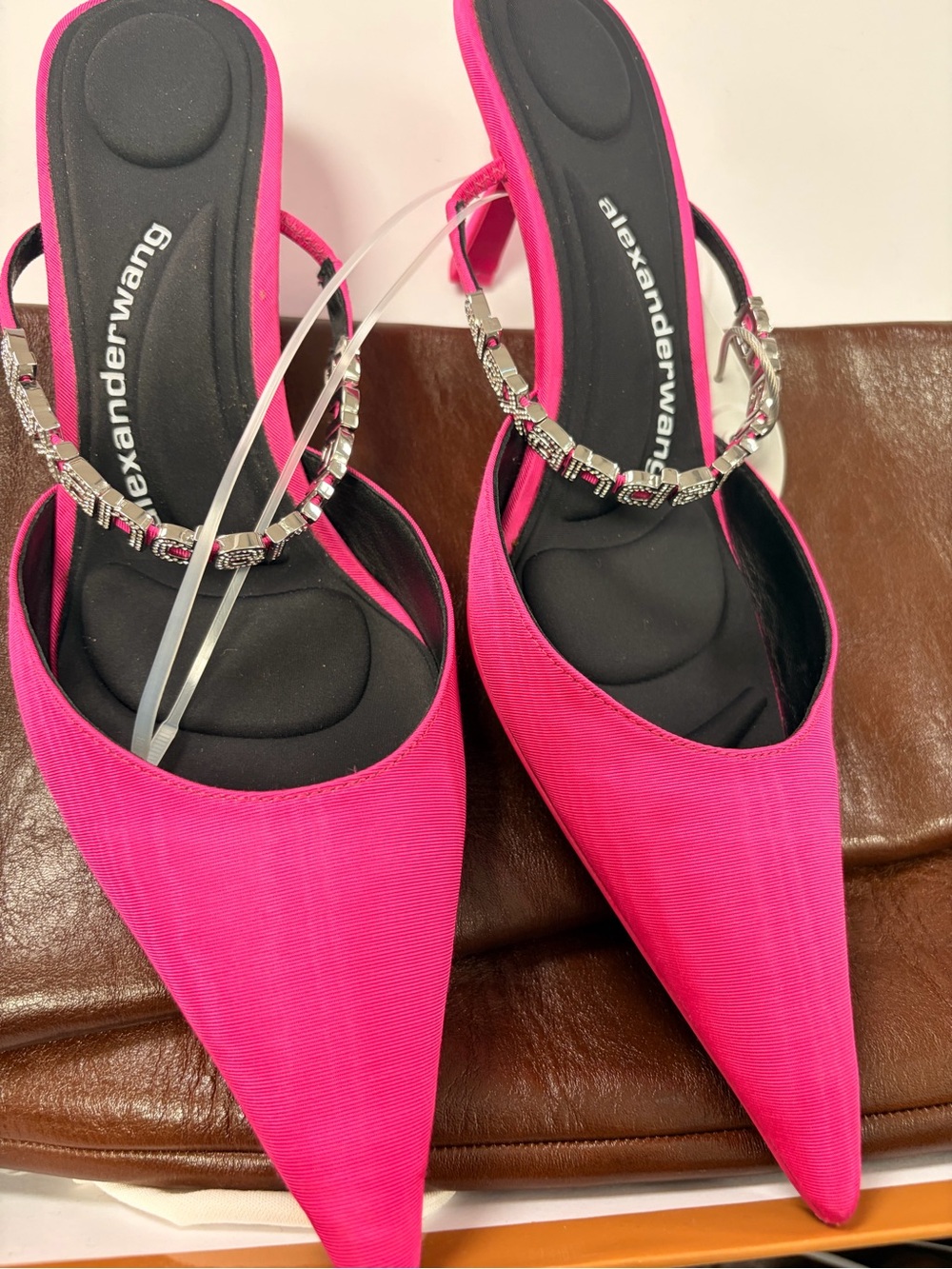 Alexander Wang Hot Pink Pointed Toe Slip-On Mules with Crystal Logo Strap! - Picture 3 of 7